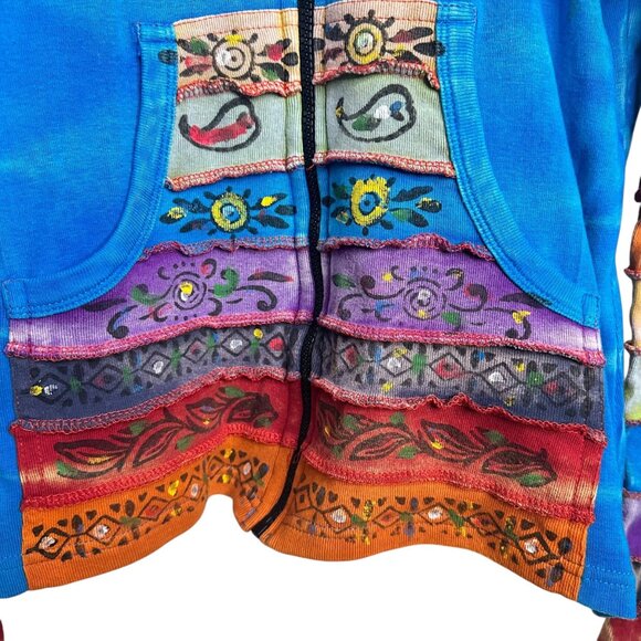 Clothing in Nepal Rainbow Patchwork Hoodie Embroidered Boho Artsy Gypsy Size S/M - Picture 3 of 6